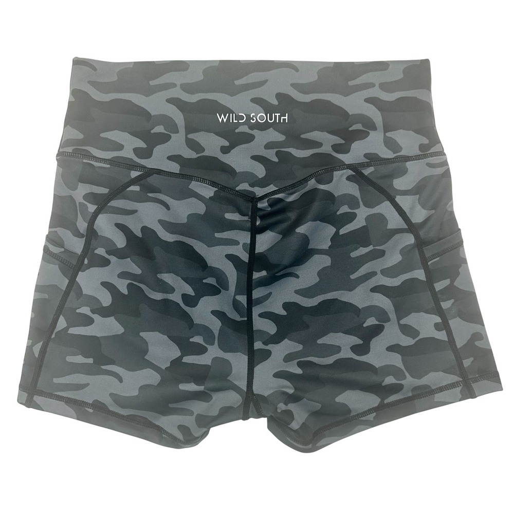 Wild South Athletic Camo High Waisted Pocket Biker Shorts Gray Women Large